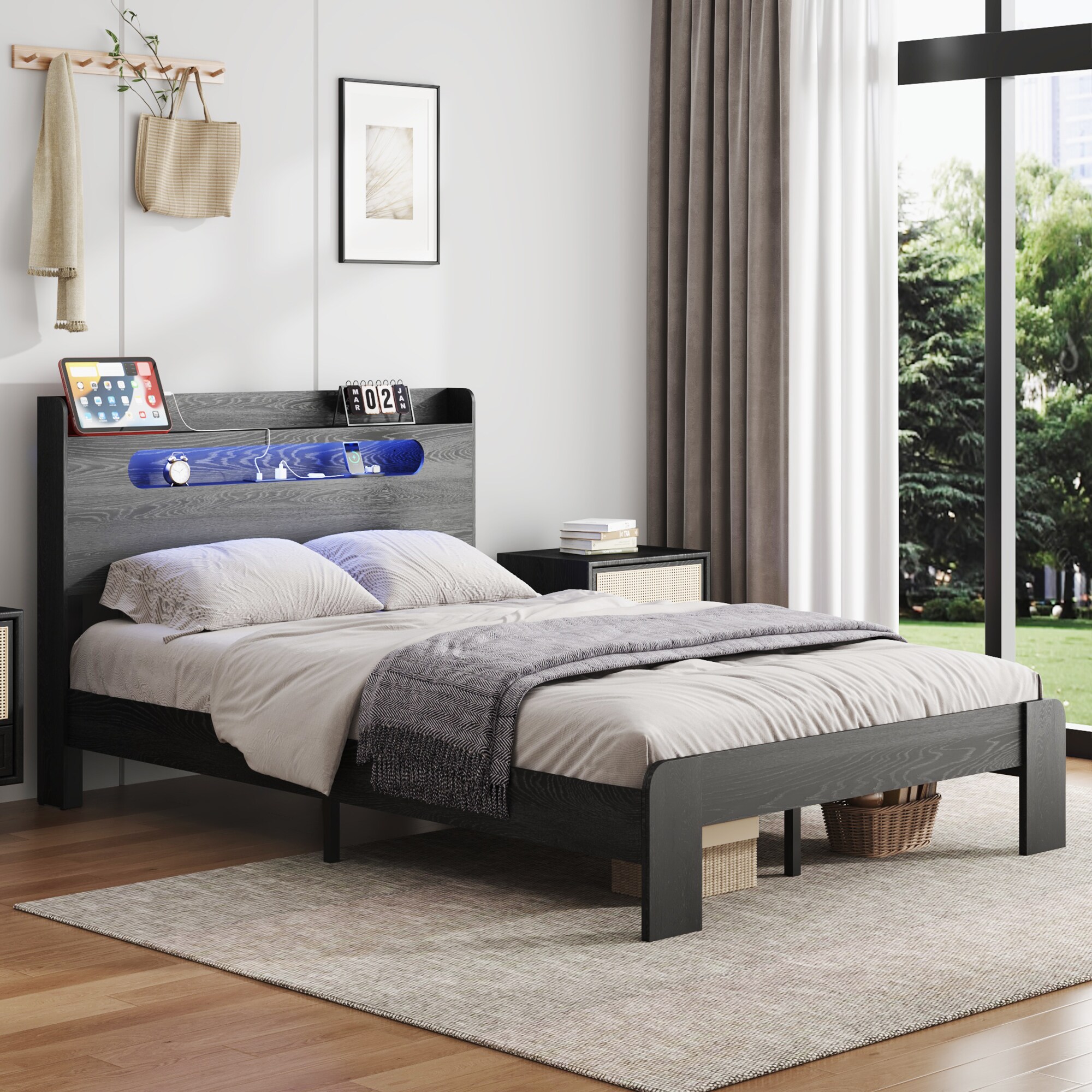 Bed Frame Full Size, Wood Platform Bed Frame With Storage LED Light Headboard And 2 USB , Noise Free,No Box Spring Needed And Easy Assembly Tool,Large Under Bed Storage,Black_voghion.com